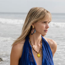 Brown and Coral Beaded Necklace with Yellow Glass Sun Charm Pendant Necklace Styled on Model