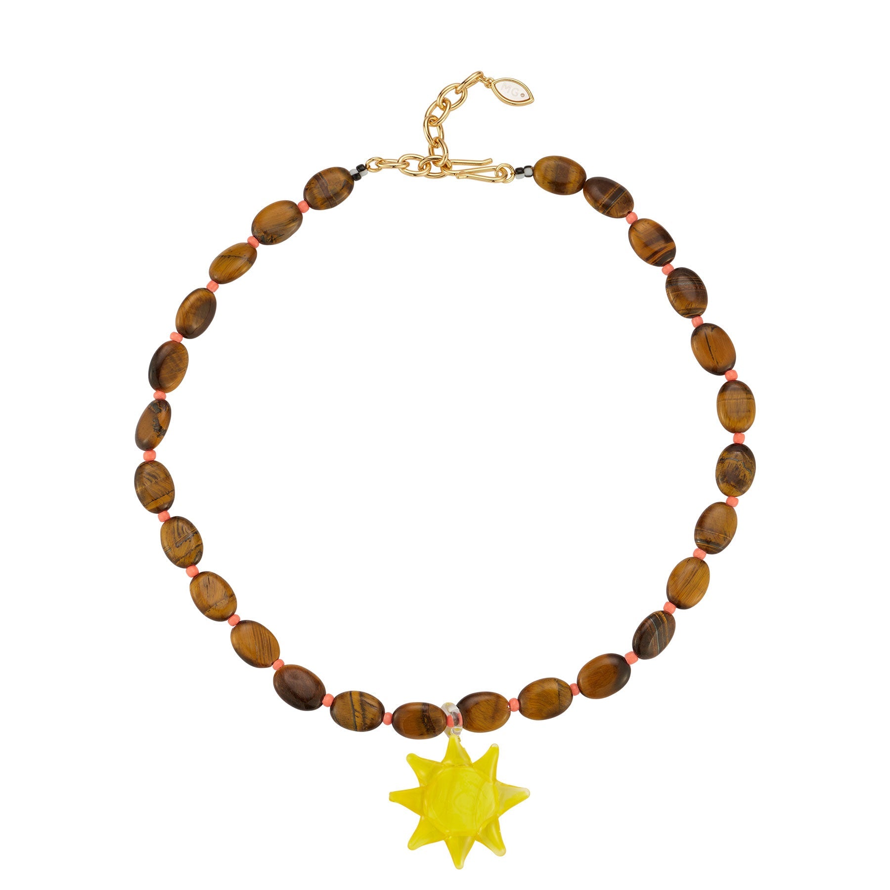 Brown and Coral Beaded Necklace with Yellow Glass Sun Charm Pendant Necklace on Flat White Background