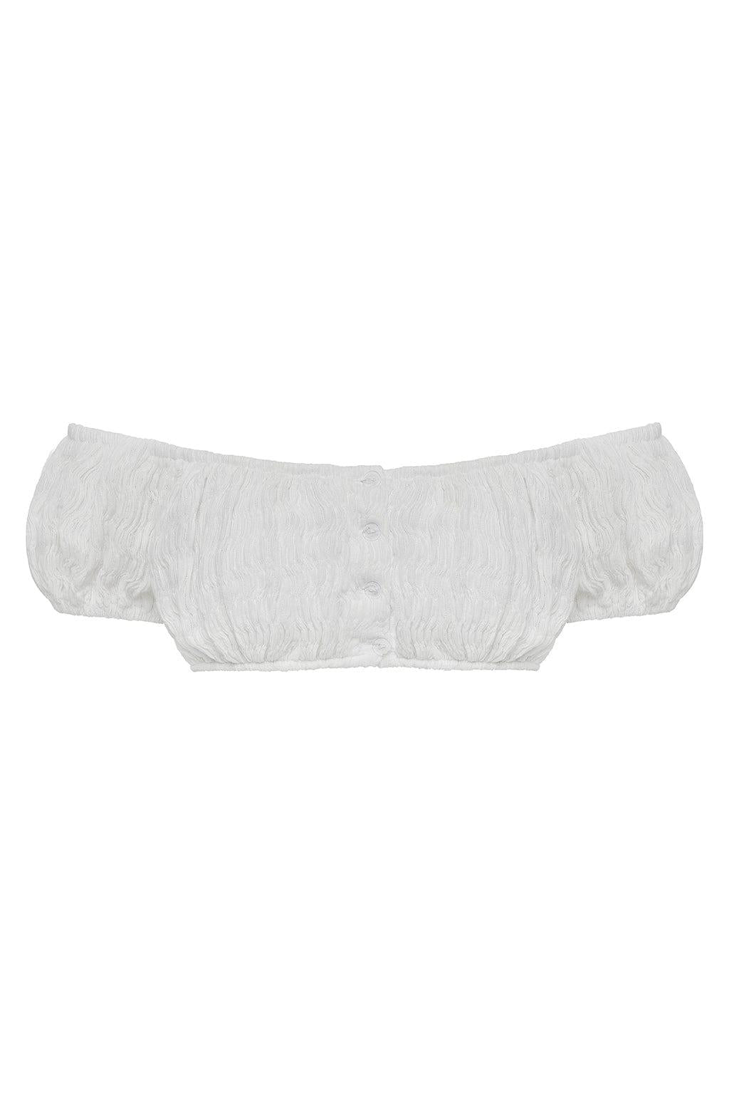 White off-shoulder bikini top with ruched texture and button-front closure.
