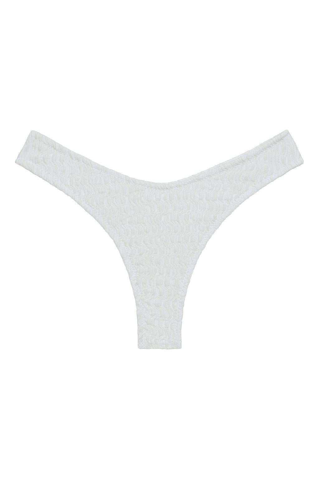 White bikini bottom with zig-zag stitch texture and high-cut leg openings.