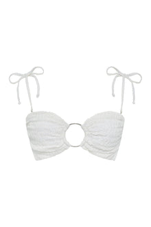 White bandeau bikini top with ruched cups, center ring detail, and adjustable tie straps.