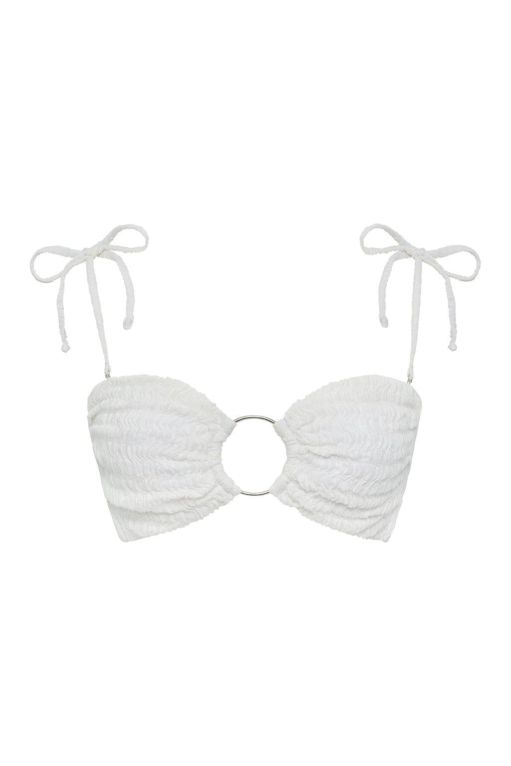 White bandeau bikini top with ruched cups, center ring detail, and adjustable tie straps.