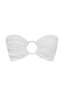 White bandeau bikini top with textured fabric panels and metal ring center closure.