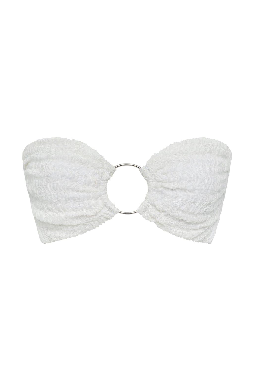 White bandeau bikini top with textured fabric panels and metal ring center closure.