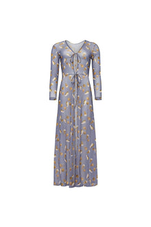 Blue mesh kimono with gold shell print, long sleeves, tie front closures, and floor-length flowing skirt.