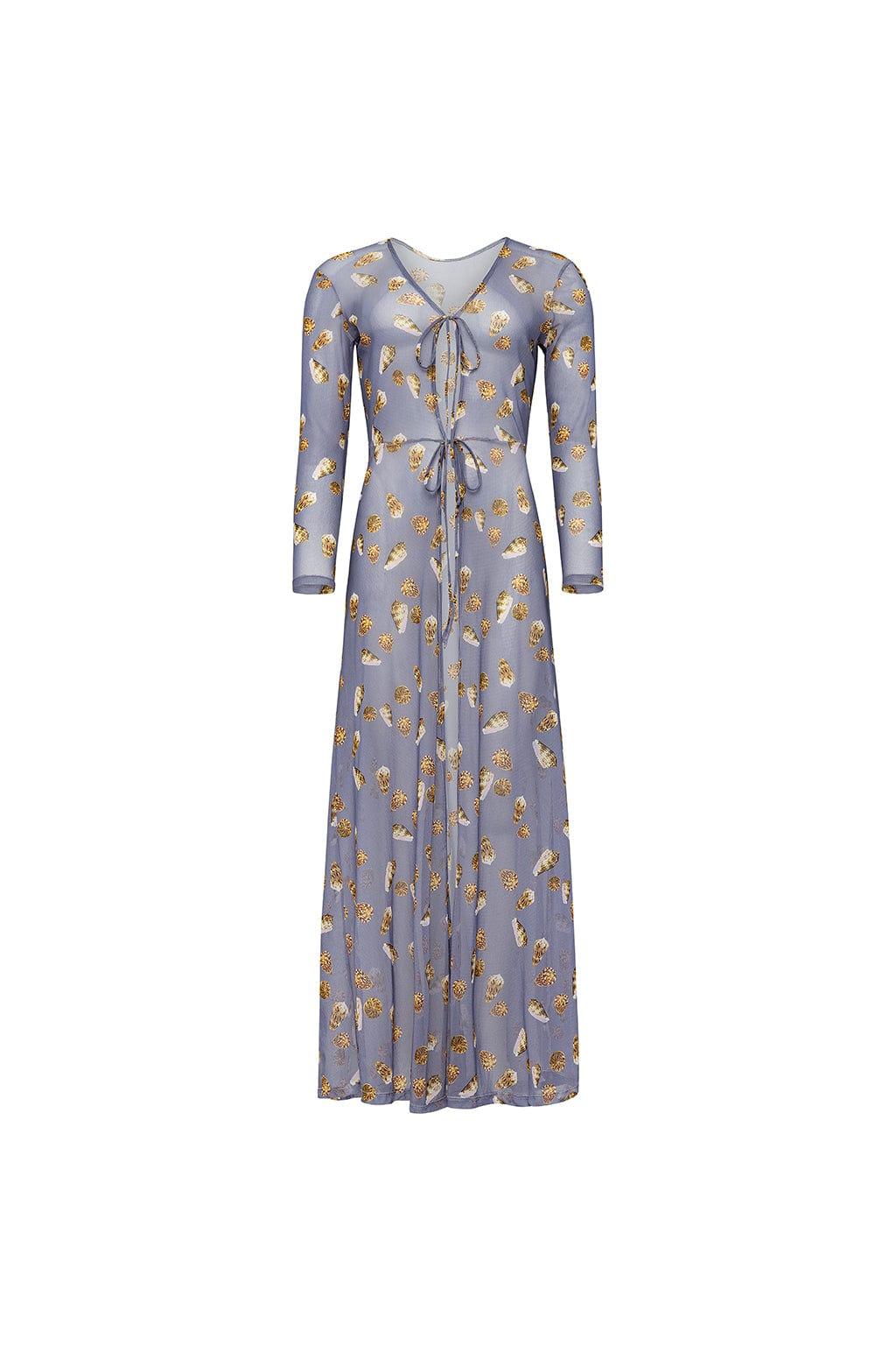 Blue mesh kimono with gold shell print, long sleeves, tie front closures, and floor-length flowing skirt.