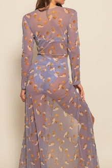 Lavender mesh kimono with gold shell pattern and wrap waist, long sleeves, shown from back.