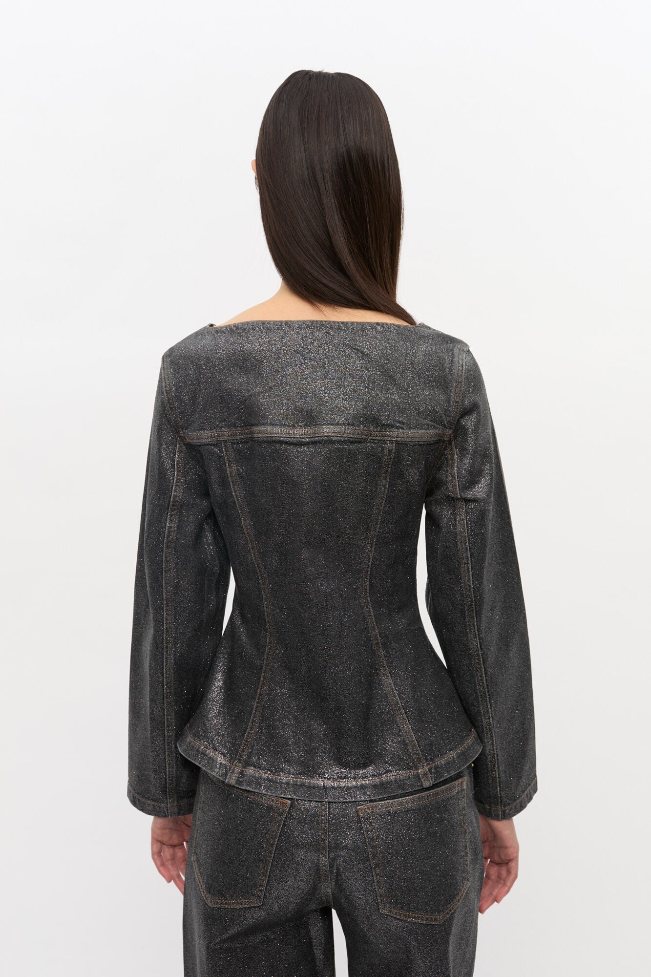 Shimmery Foil Denim Blazer | Washed Black/Black