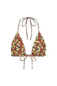 Halter bikini top with red, yellow, and white floral print on dark background and tied shoulder straps.