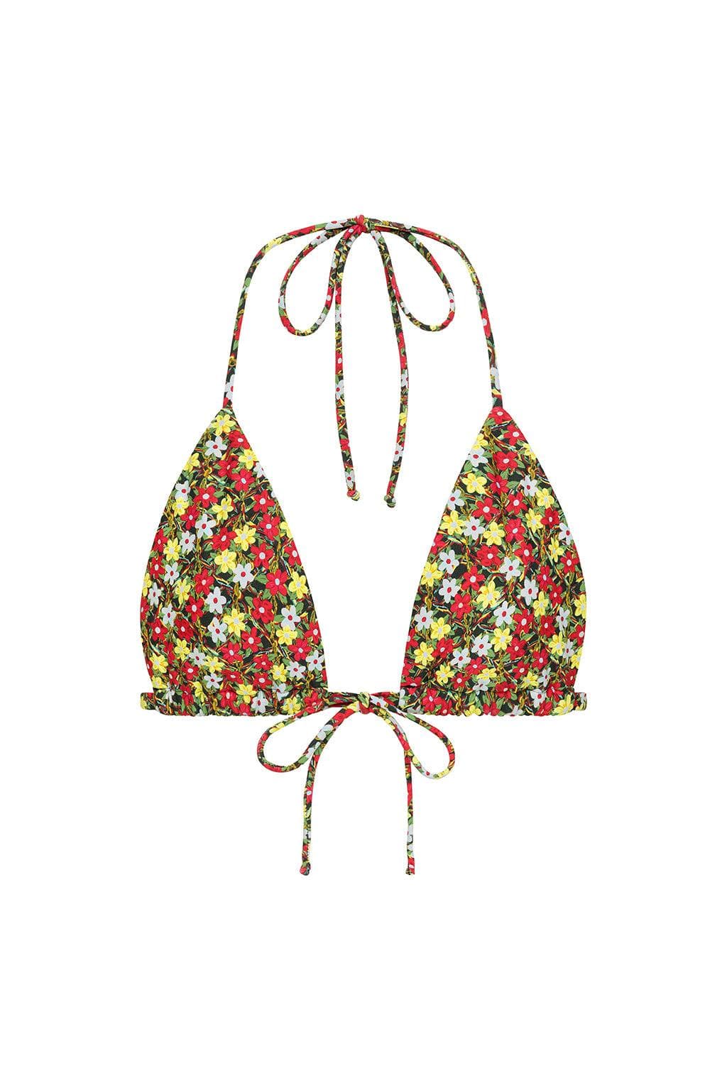 Halter bikini top with red, yellow, and white floral print on dark background and tied shoulder straps.