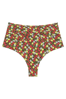 Red, yellow, and white floral print bikini bottom with high-waisted cut and thong-style back.