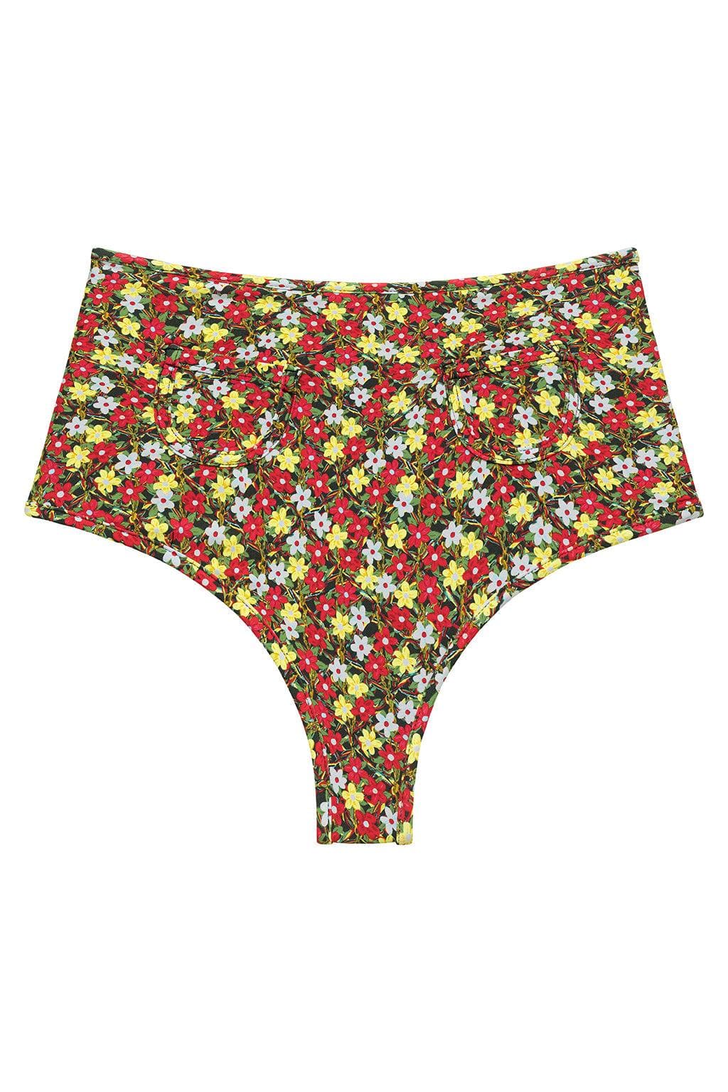 Red, yellow, and white floral print bikini bottom with high-waisted cut and thong-style back.