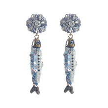 Silver and Blue Beaded and Embroidered Sardine Fish Drop Earrings on Flat White Background