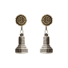 Beaded and Embroidered Silver Empire State Building Drop Earrings on Flat White Background