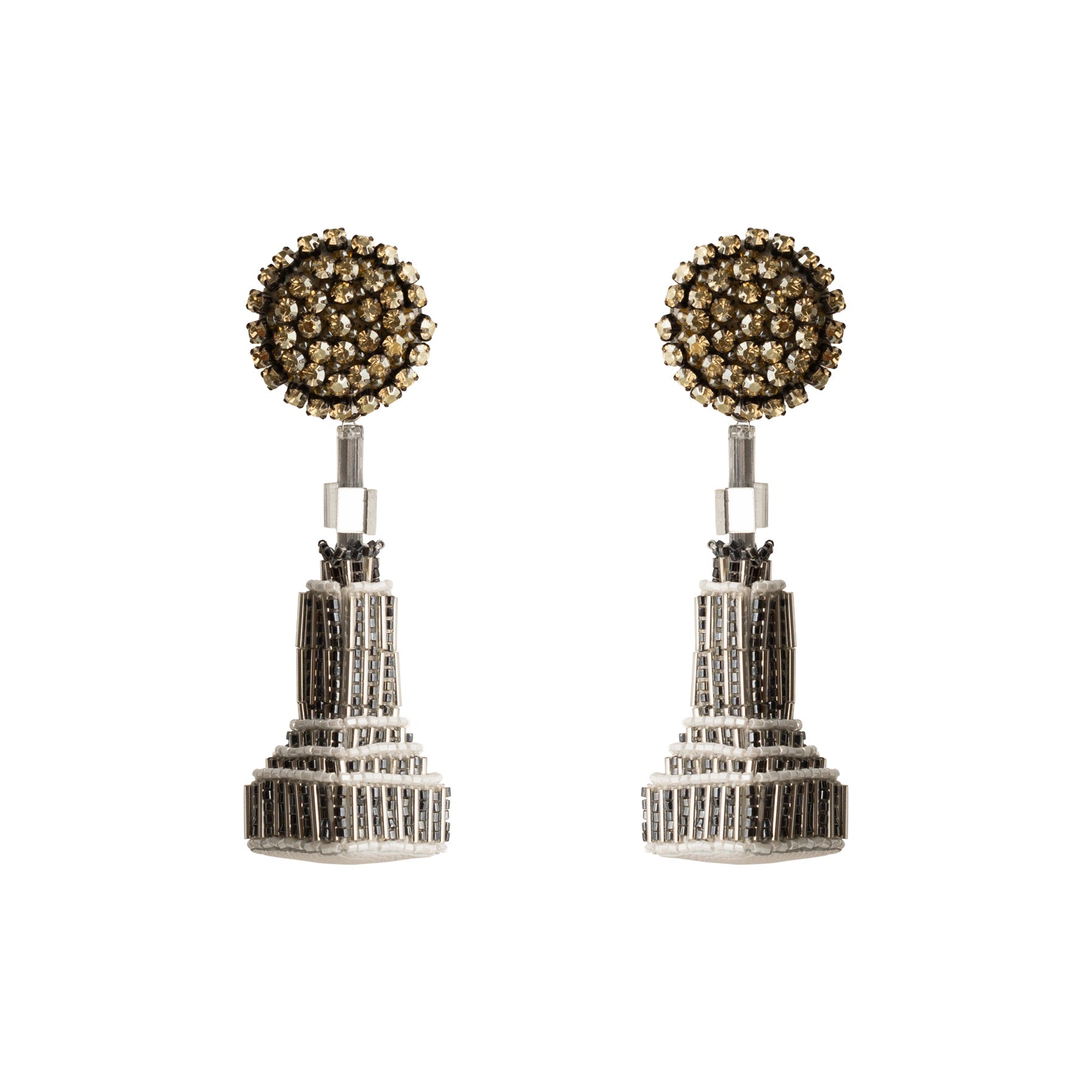 Beaded and Embroidered Silver Empire State Building Drop Earrings on Flat White Background