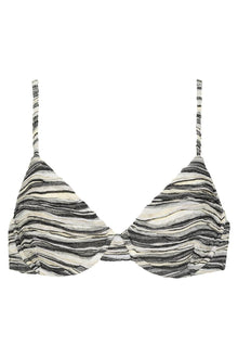 Black and white striped bikini top with thin shoulder straps and textured knit fabric.
