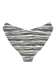 Black and white striped bikini bottom with textured knit fabric and wavy horizontal lines.