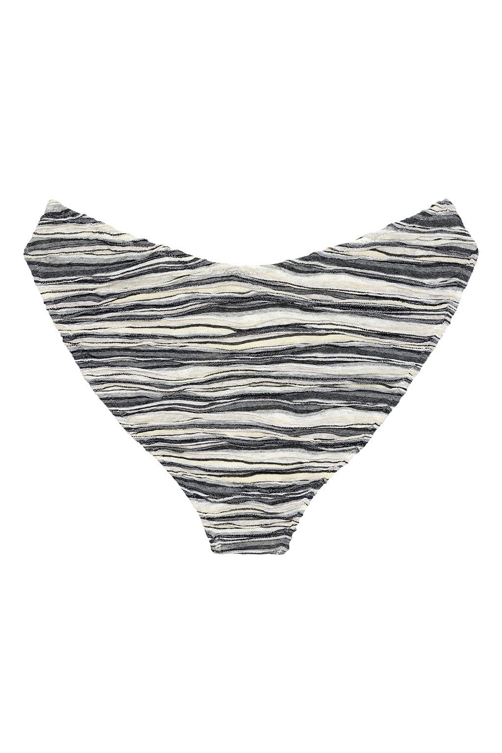 Black and white striped bikini bottom with textured knit fabric and wavy horizontal lines.