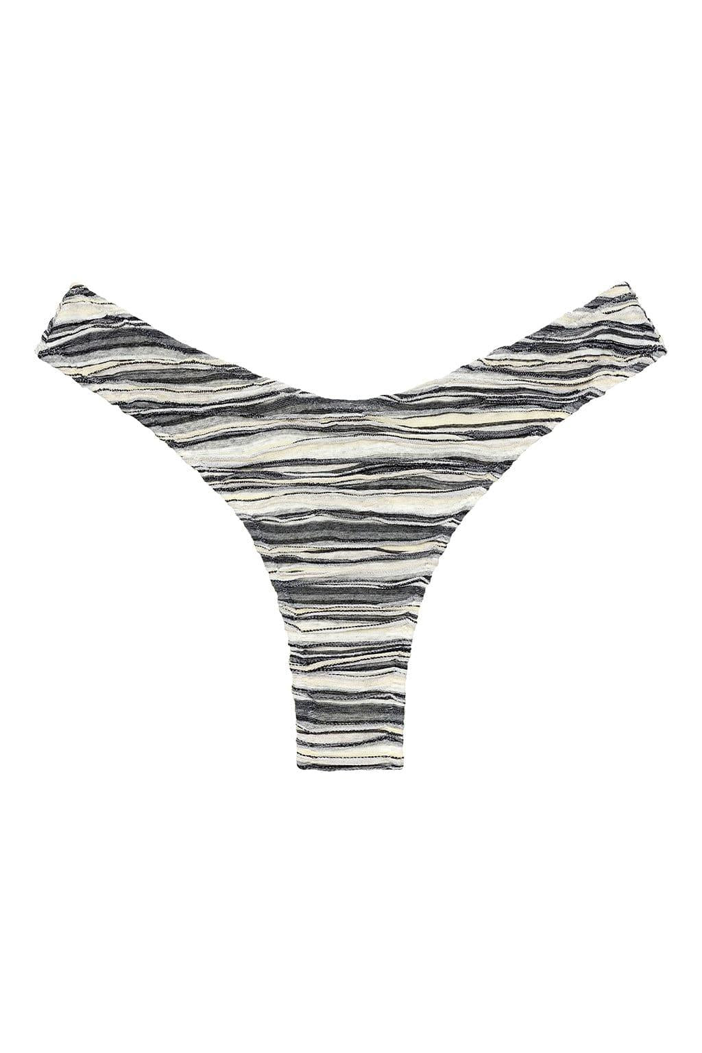 Black and cream striped bikini bottom with horizontal zig-zag stitching throughout.