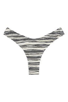 Black and white striped bikini bottom with horizontal zig-zag stitching and wide side coverage.