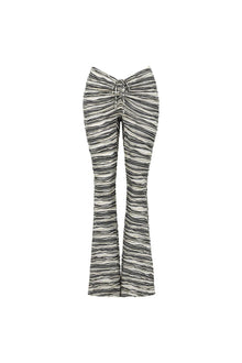 Black and white striped flared legging with ruched center panel and gathered waistband detail.