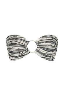 Black and white striped bandeau bikini top with ruched fabric and center ring detail.