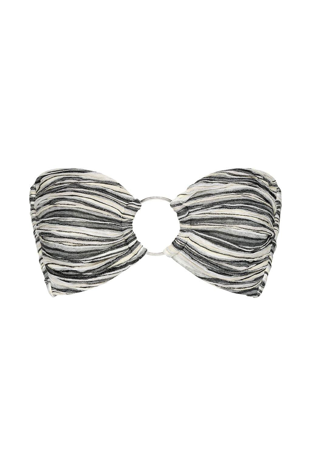 Black and white striped bandeau bikini top with ruched fabric and center ring detail.