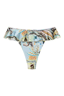Floral bikini bottom with ruffled off-shoulder neckline in multicolor print featuring leaf and botanical motifs on light blue