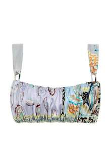 Bikini top with multicolored floral print, ruched front, and adjustable shoulder straps with fabric panels.