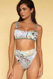 Floral print bikini top with gathered square neckline and adjustable straps in multicolor botanical design.