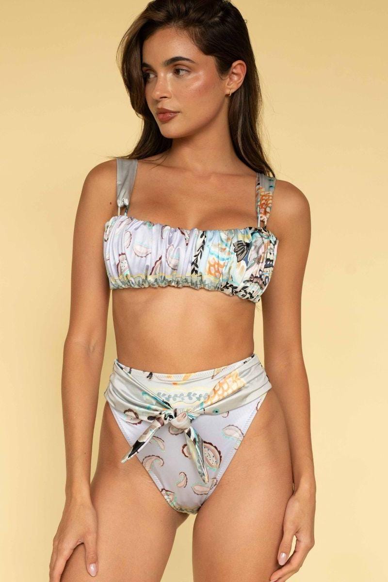 Floral print bikini top with gathered square neckline and adjustable straps in multicolor botanical design.