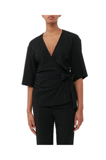 Stretch Seersucker Wrap Blouse | Black