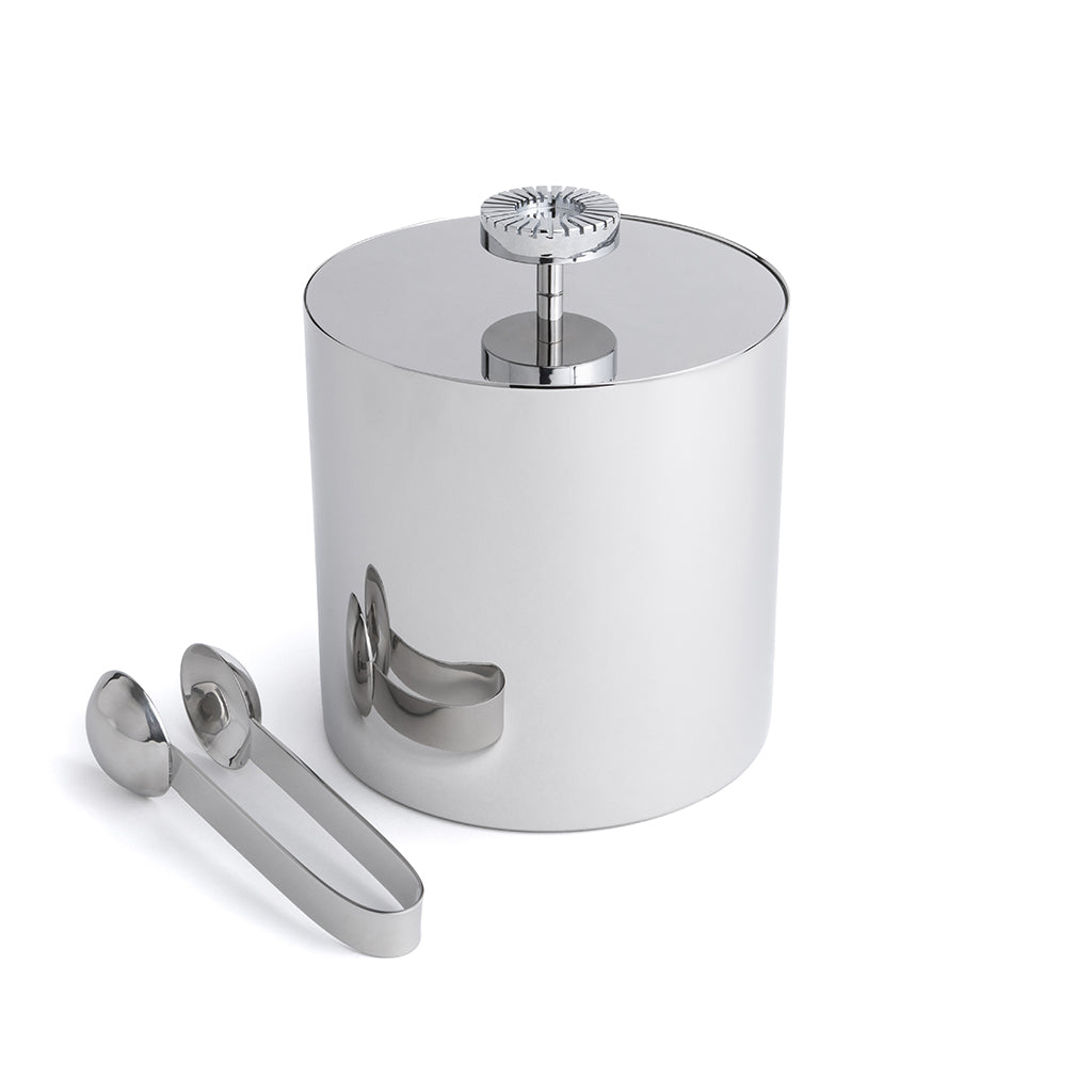 Striations Ice Bucket with Tongs | Silver-Plated Stainless Steel | 3 Pieces