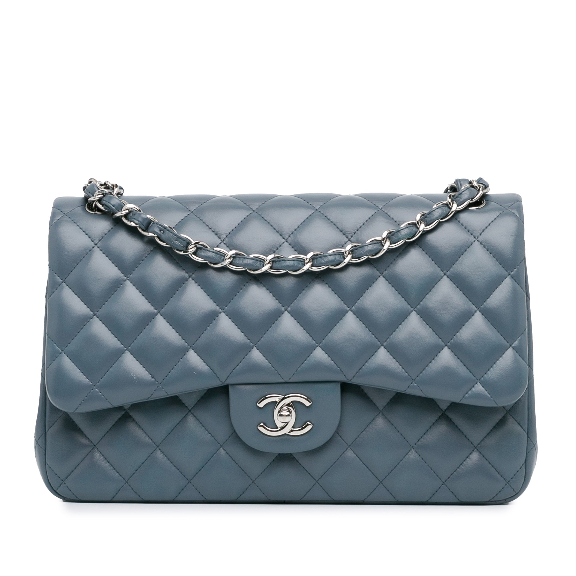 Chanel | Pre-Owned Jumbo Classic Lambskin Double Flap - I | Blue/Dark Blue