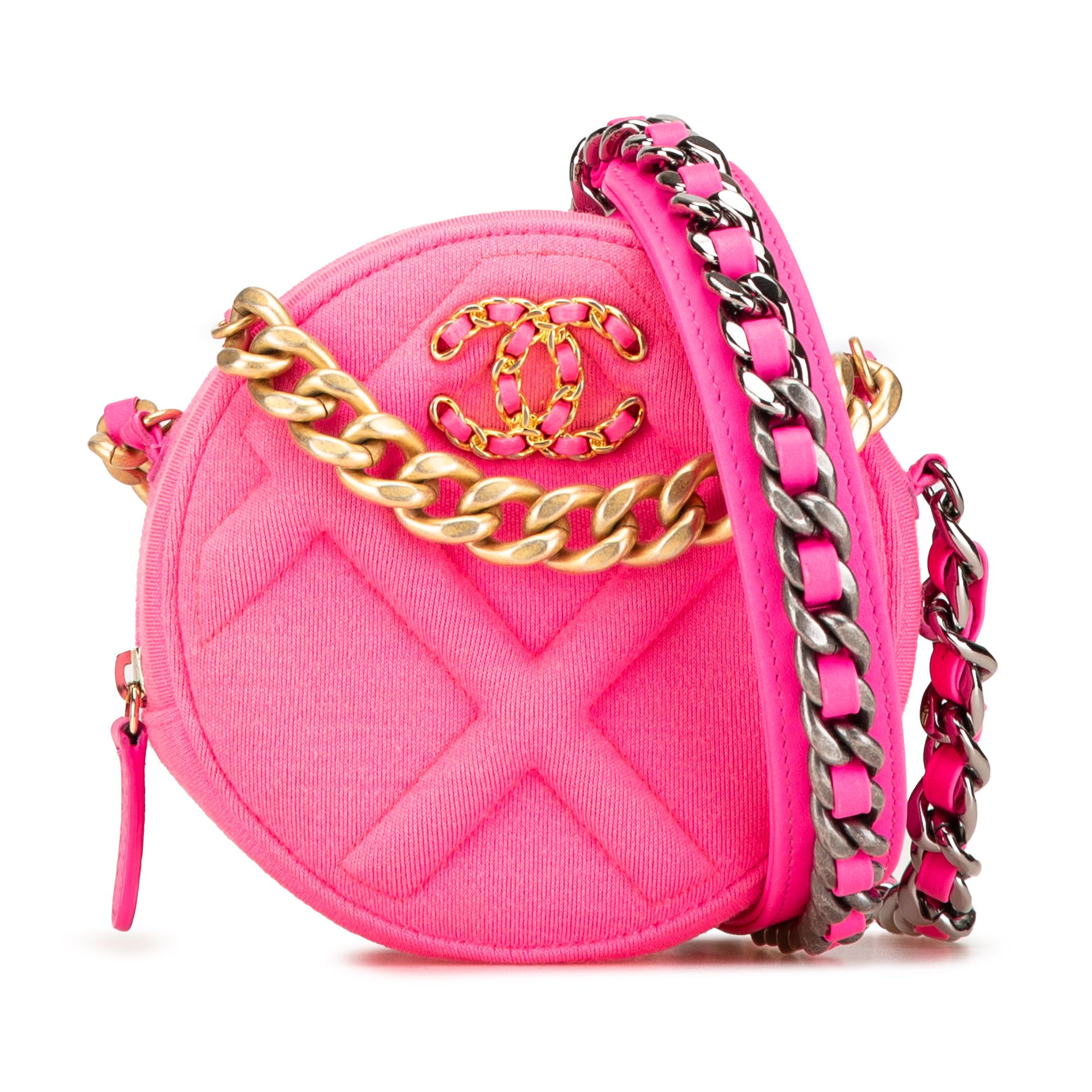 Chanel | Pre-Owned Jersey 19 Round Clutch on Chain | Pink/Hot Pink