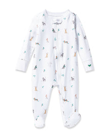 The Petite Plume Babys Pima Romper in Jingle Paws is crafted from soft cotton with a front zipper and a playful animal pattern featuring penguins, giraffes, and elephants, making it ideal sleepwear for your little one.