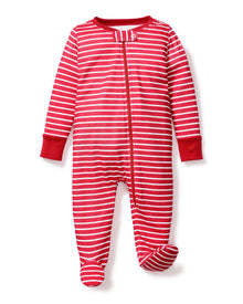 The Babys Pima Romper in Red Stripe by Petite Plume is made of red and white striped Pima cotton, featuring long sleeves, footed bottoms, front zipper, red cuffs, and a small emblem on one sleeve for stylish and comfortable wear.
