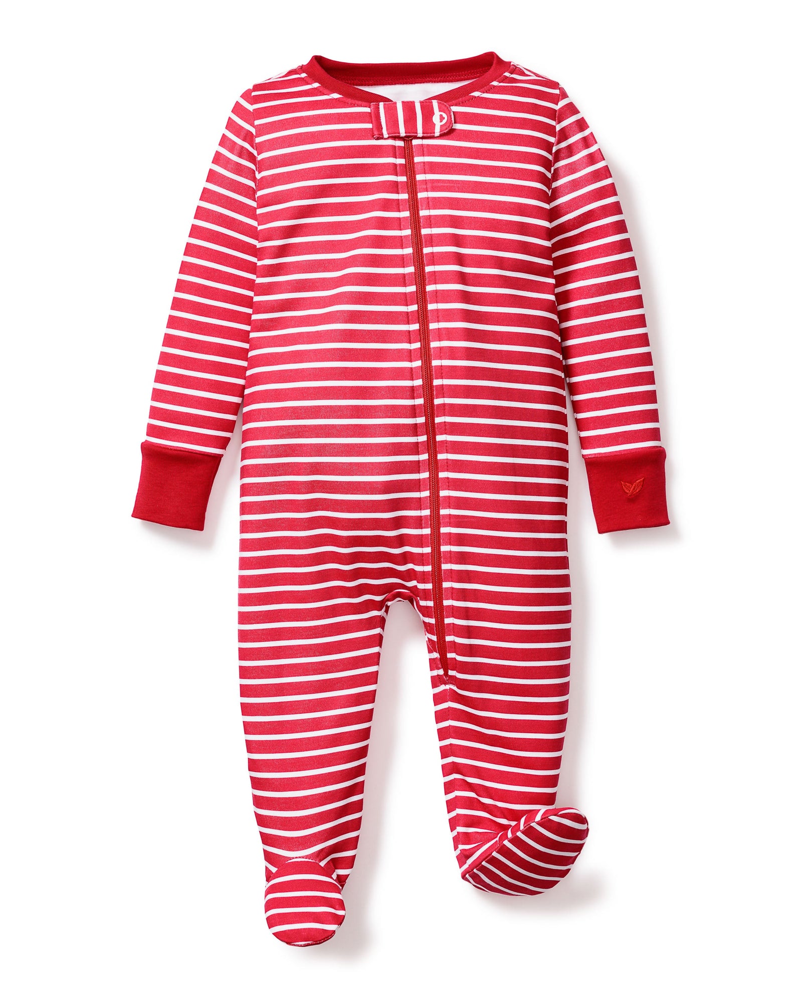 The Babys Pima Romper in Red Stripe by Petite Plume is made of red and white striped Pima cotton, featuring long sleeves, footed bottoms, front zipper, red cuffs, and a small emblem on one sleeve for stylish and comfortable wear.