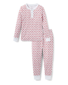Kid's Pima Snug Fit Pajama Set in Autumn Orchards: two-piece set with long sleeves and pants, featuring a red flower pattern on a white background with solid white cuffs and neckline.