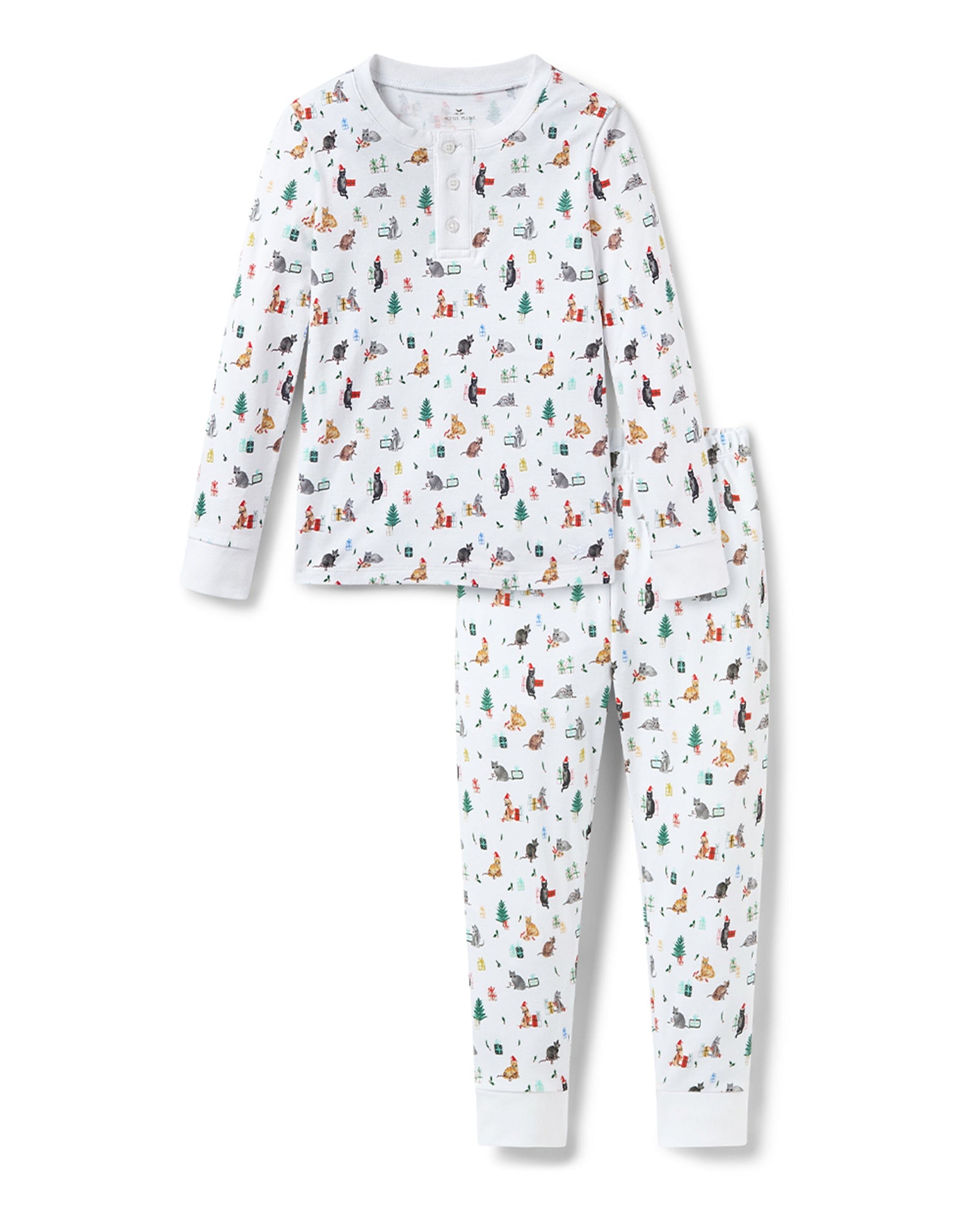 Kid's Pima Snug Fit Pajama Set in Merry Meow features a long-sleeve button-up top and matching pants with winter and holiday-themed prints of cats, trees, presents, and snowmen on a white background.
