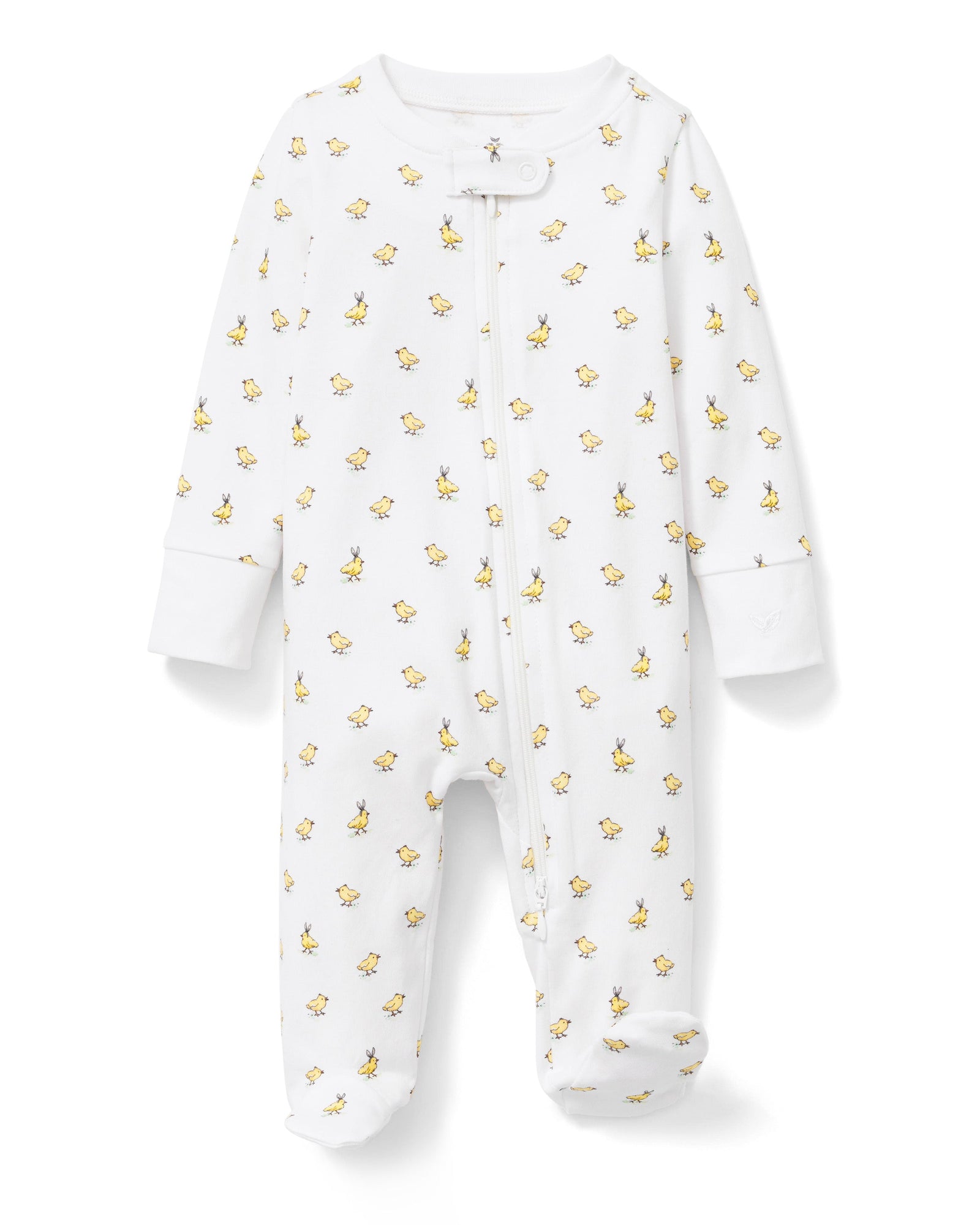 The Baby's Pima Romper in Tres Chick is a white, long-sleeve onesie with a yellow duckling print, footed bottoms, folded cuffs, and a zipper running from the collar to one leg.