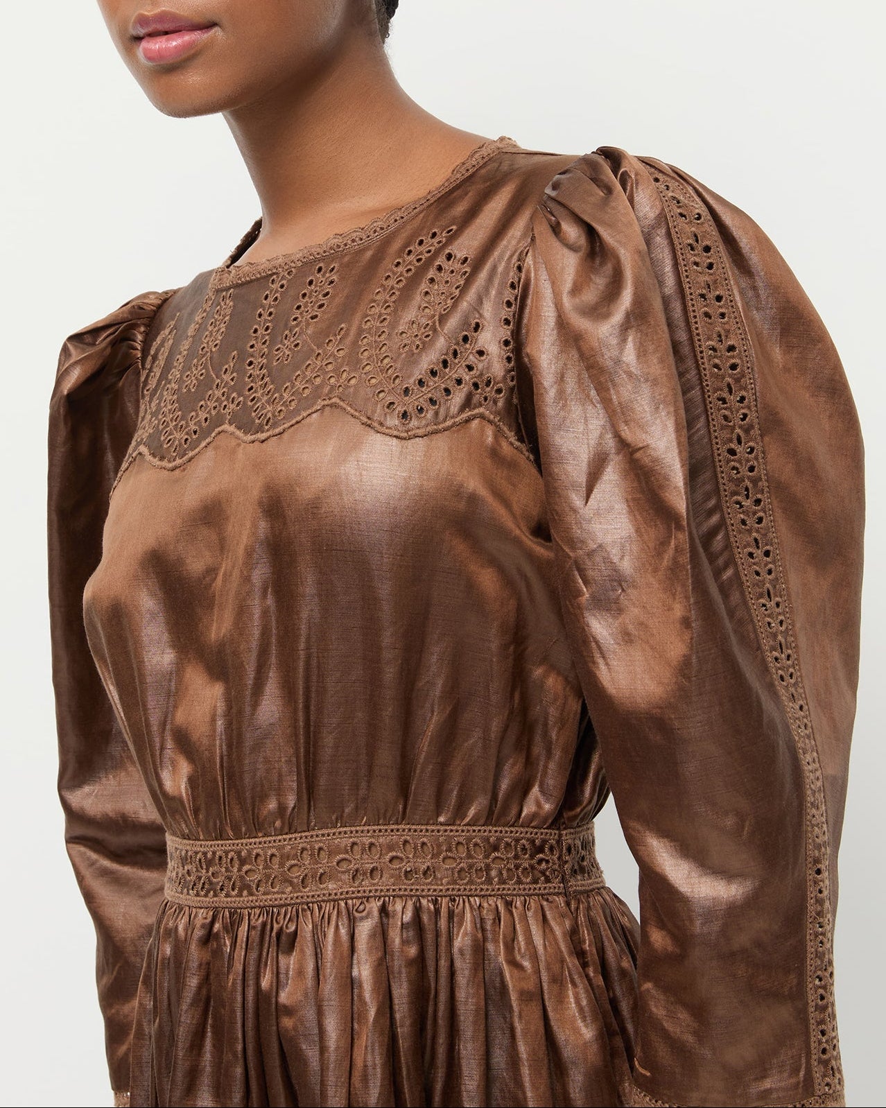 Thelma Eyelet Dress in brown linen.