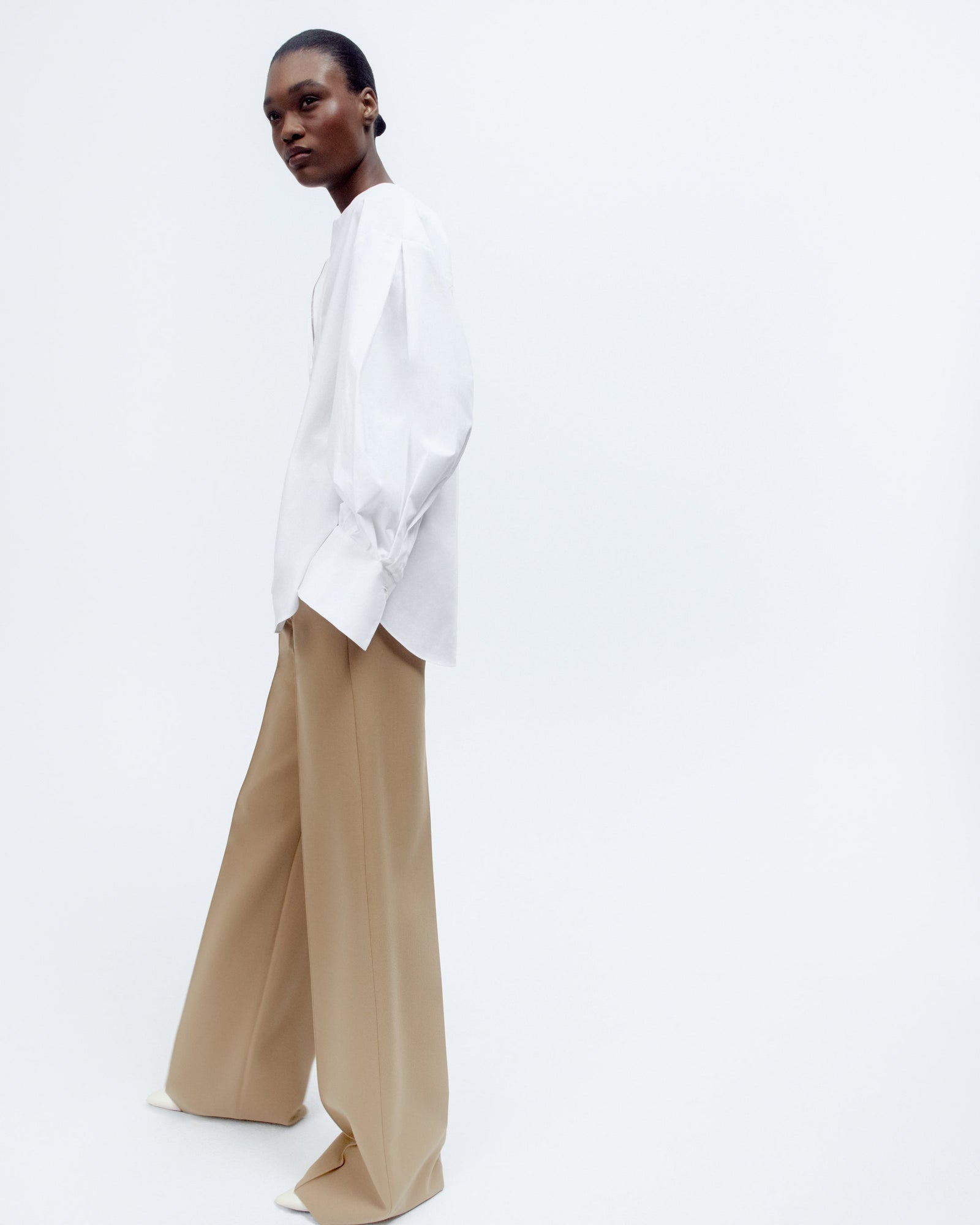 Another Tomorrow Exaggerated Bib Blouse in White – Cotton Women's Top