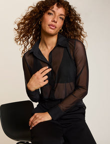 Chic Mesh Button Down Shirt::Black::Hover