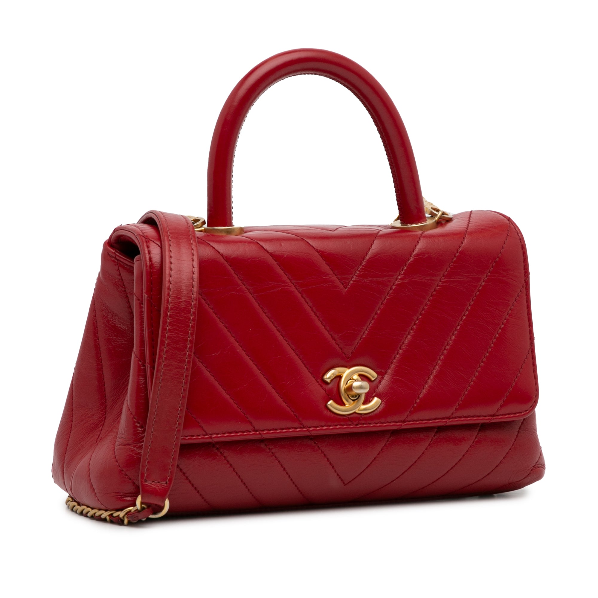 Chanel | Pre-Owned Small Lambskin Chevron Coco Top Handle Bag | Red