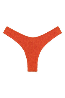Tangerine bikini bottom with zig-zag texture and high-leg cut design.