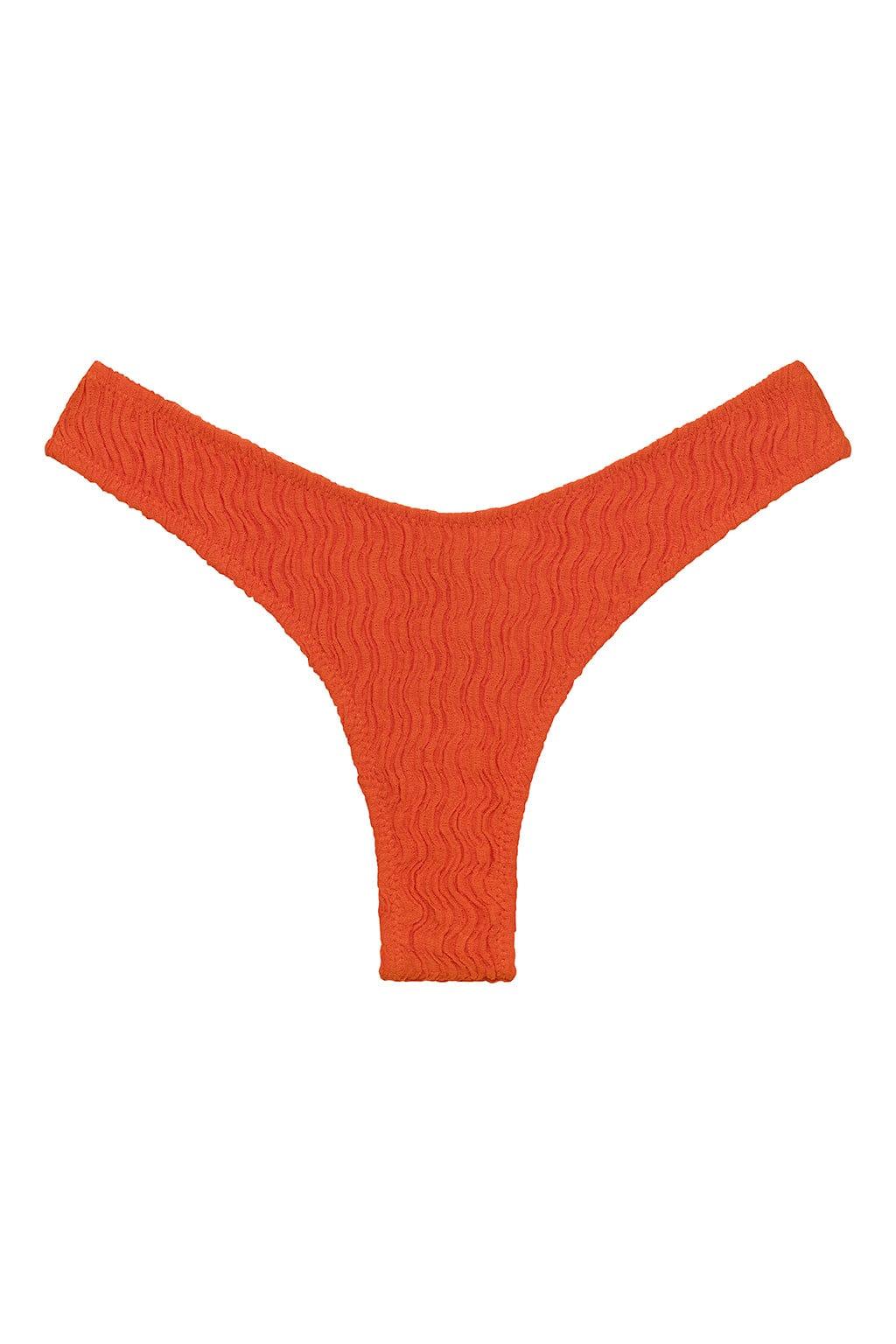 Tangerine bikini bottom with zig-zag texture and high-leg cut design.