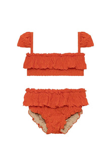 Tangerine two-piece bikini set with textured ruched fabric, ruffled off-shoulder top with straps, and matching bottoms with n