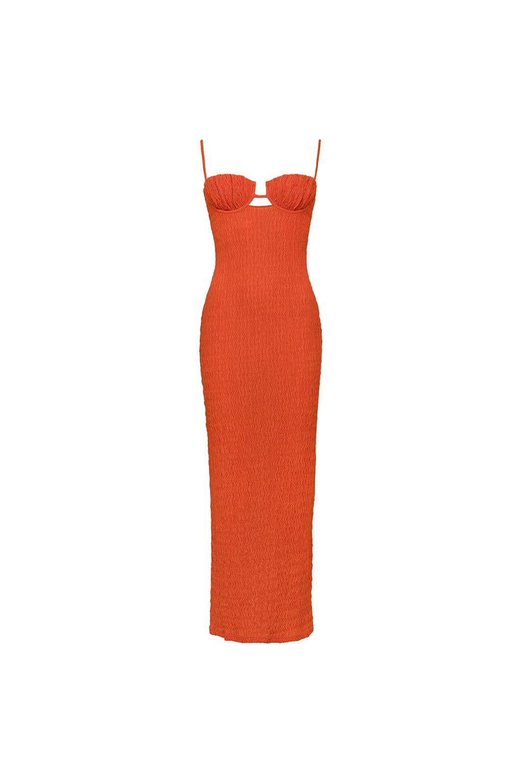 Tangerine textured long slip dress with sweetheart neckline, thin straps, and cutout detail at chest.