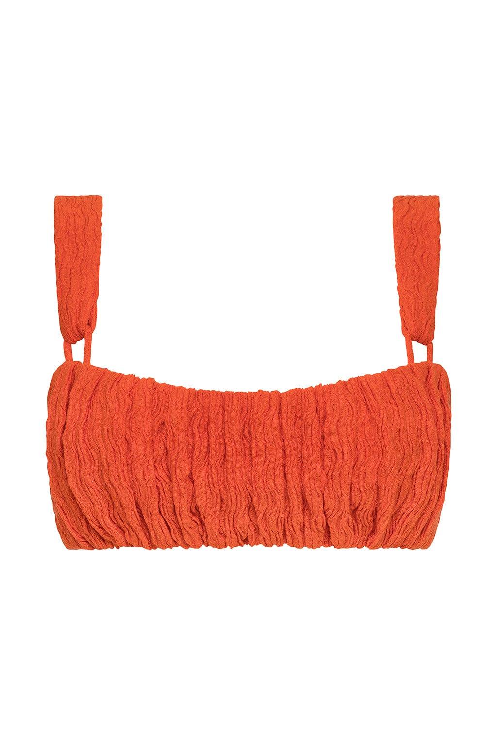 Tangerine bikini top with textured fabric and adjustable shoulder straps.